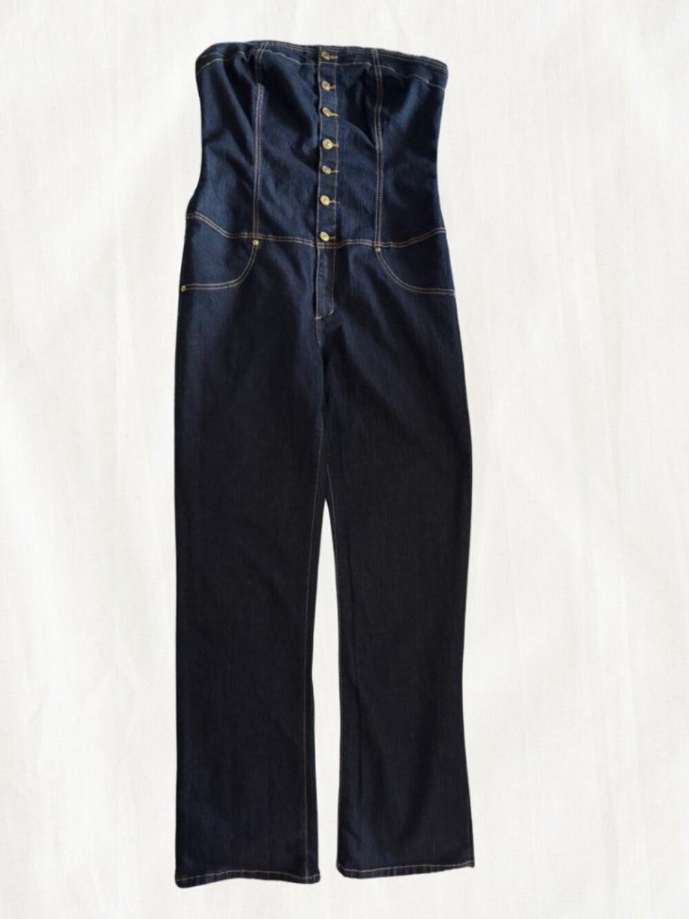 Goodtime Jeans USA Strapless Denim Jumpsuit with Button Up Front & Gold Stitchin